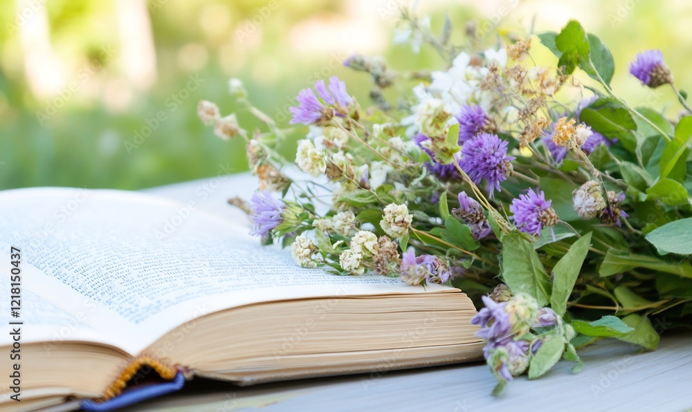Open book with wildflowers, summer garden Open book with wildflowers, summer garden