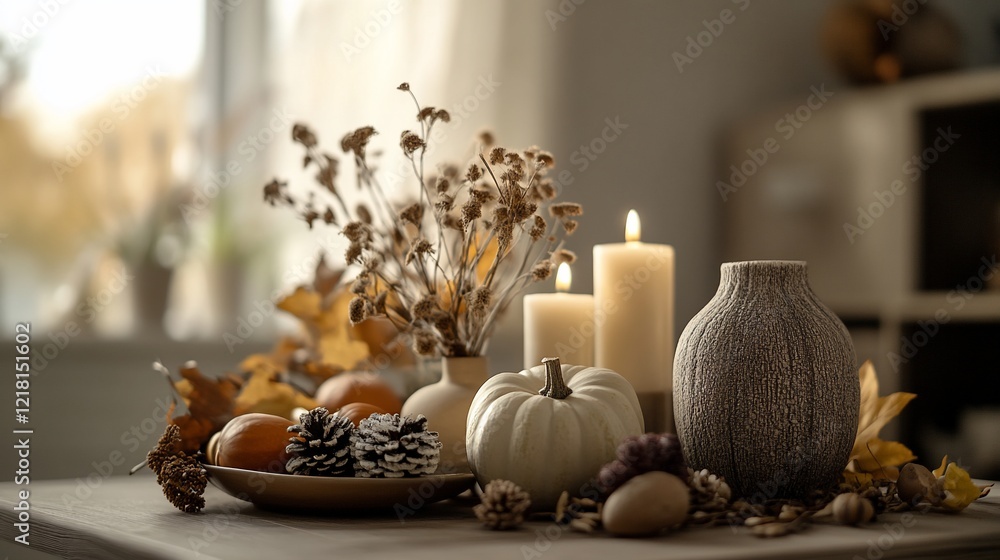 Fototapeta premium Autumnal table centerpiece, candles, pumpkins, fall leaves, cozy home interior, Thanksgiving decor