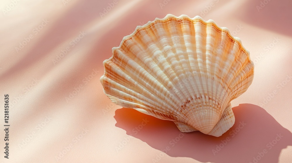 Single seashell rests on a peach colored background Single seashell rests on a peach colored background