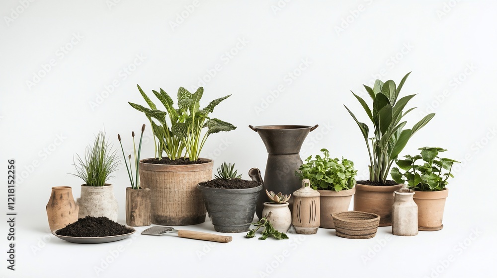 Obraz premium Studio shot potting plants, gardening tools, soil, white background, home decor