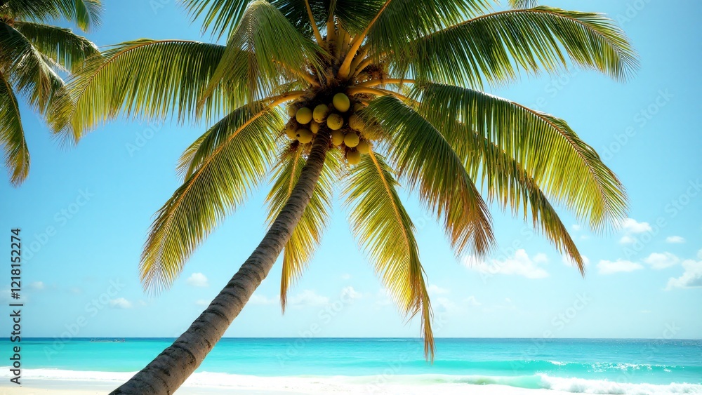 Fototapeta premium A coconut palm tree with an inclined trunk, fan-like fronds, and clusters of coconuts, standing on a sandy beach under a clear tropical sky.