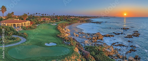 Oceanfront golf course sunset view with luxury home.