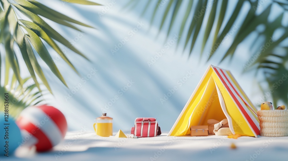 Obraz premium Miniature beach tent scene, sunny day, palm leaves, travel