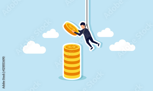 A businessman hangs on a rope carrying dollar coins, intending to stack them on a pile of dollar coins, illustration of collecting financial investment assets