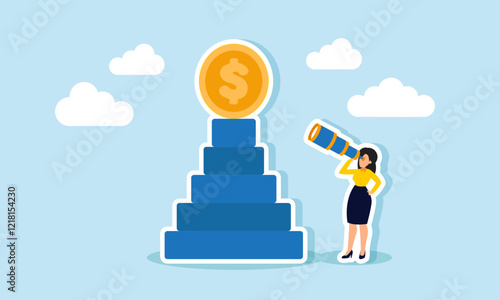A businesswoman peers at a dollar coin atop a stack of blocks, illustration of observing and analyzing business financial performance