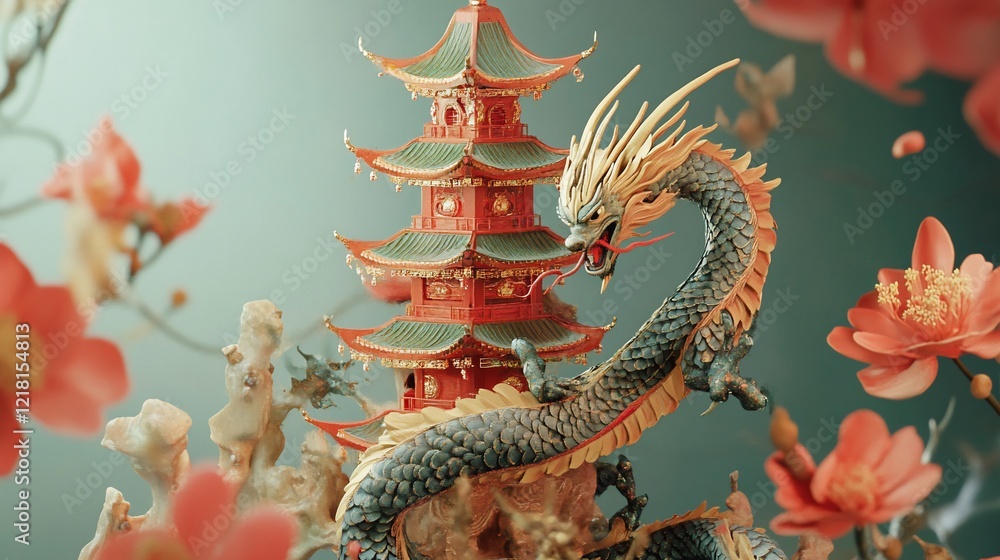Fototapeta premium A Detailed Chinese Dragon and Pagoda Scene in a Dreamy, Flowery Setting