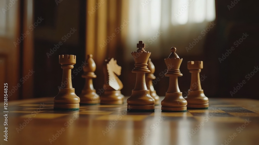 Neatly arranged chess pieces on a board in a cozy room, emphasizing strategy and leisure. Ideal for board game and relaxation content. Neatly arranged chess pieces on a board in a cozy room, emphasizing strategy and leisure. Ideal for board game and relaxation content.
