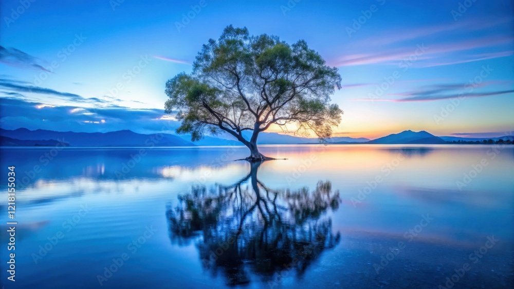 Serene Sunset Landscape Solitary Tree Reflecting in Calm Waters, Majestic Mountain Silhouette at Dawn Serene Sunset Landscape Solitary Tree Reflecting in Calm Waters, Majestic Mountain Silhouette at Dawn