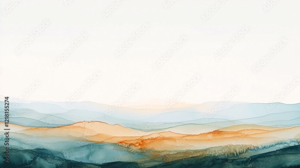 Fototapeta premium Abstract Ink Landscape, Calm Mountains, Sunrise, White Background, Art Print