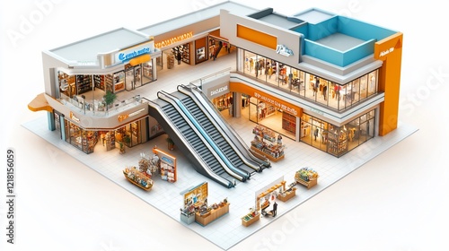 Shopping mall aerial view, escalators, stores, retail, white background, architectural design