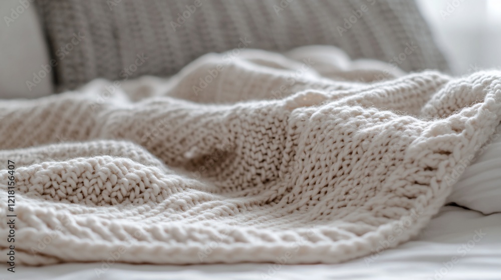 Cozy cream knit throw draped on bed, pillows blurred background, bedroom decor Cozy cream knit throw draped on bed, pillows blurred background, bedroom decor