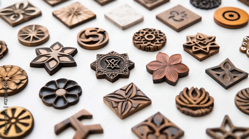 Carved wooden symbols arranged on white background, showcasing craftsmanship for website design Carved wooden symbols arranged on white background, showcasing craftsmanship for website design
