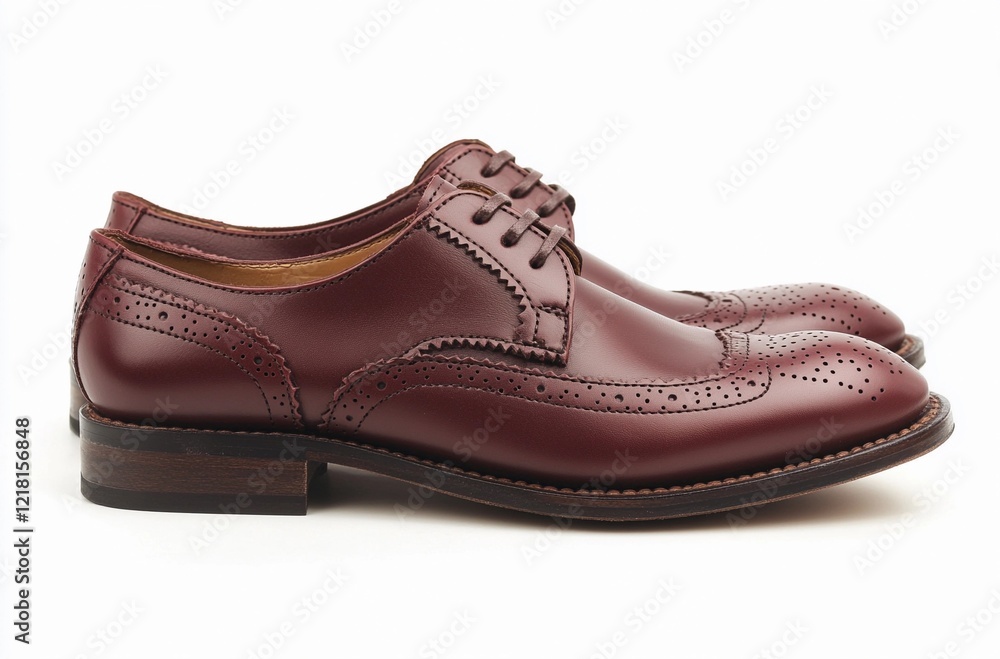 Side view of elegant burgundy leather brogue shoes with intricate perforations, ideal for showcasing timeless sophistication and formal fashion Side view of elegant burgundy leather brogue shoes with intricate perforations, ideal for showcasing timeless sophistication and formal fashion
