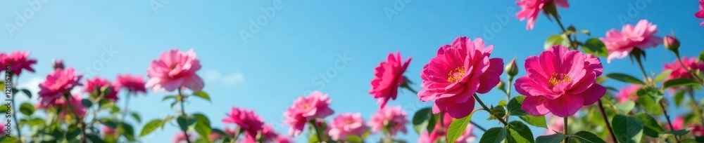 Wild rose flowers in full bloom against a blue sky, nature, full bloom, spring Wild rose flowers in full bloom against a blue sky, nature, full bloom, spring