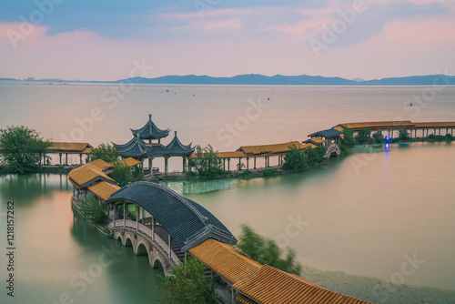 Photography An ancient building complex and sunset scenery on the Taihu Lake Lake in Wuxi, J