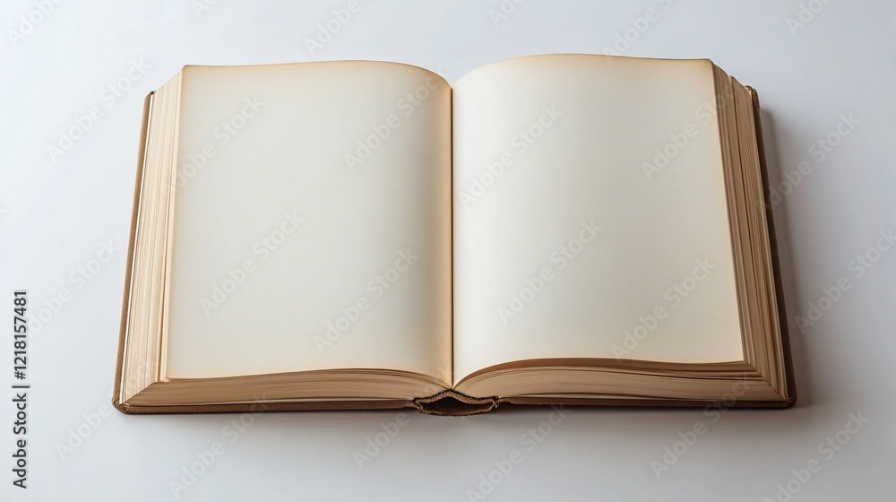 Open blank book pages on white background, studio shot, design mockup Open blank book pages on white background, studio shot, design mockup