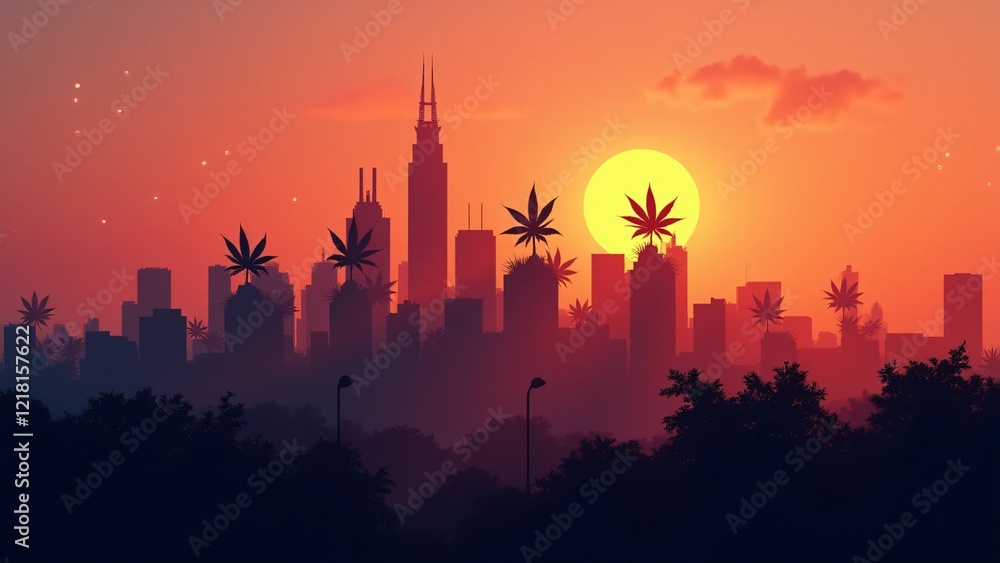 Naklejka premium A city skyline blending into cannabis leaves at sunset. A striking mix of urban and natural aesthetics for modern, creative projects.