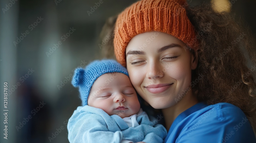Obraz premium Young mother cuddling sleeping baby indoors