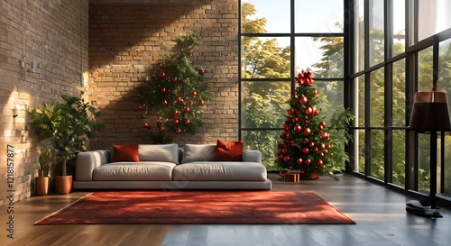 Wallpaper Mural Cozy living room decorated for the holidays, featuring a Christmas tree and festive plants by a window Torontodigital.ca