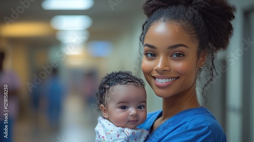 Nurse holding baby, hospital corridor, blurred background, healthcare