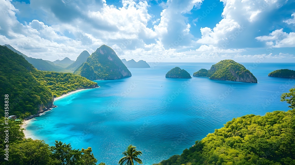 Obraz premium Scenic view of lush mountains and clear turquoise waters under a bright sky.