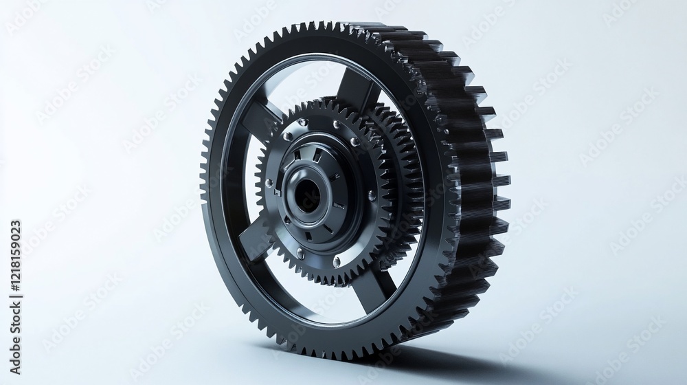 Black gears meshing, studio backdrop, industrial mechanism, engineering design Black gears meshing, studio backdrop, industrial mechanism, engineering design