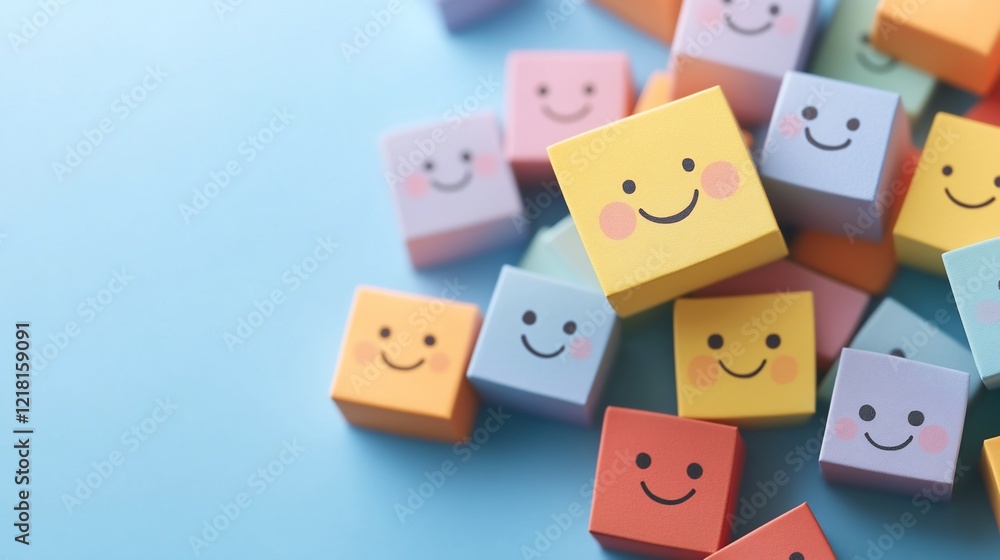 Fototapeta premium Happy colorful cubes on blue background; positive emotion concept