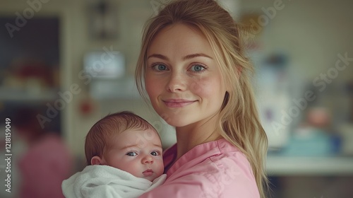 Nurse holding newborn, hospital room, happy, healthcare