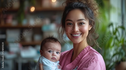 Smiling mother holding baby, cafe backdrop, happy family portrait