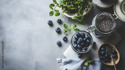 breakfast setup featuring overnight oats with chia seeds and fresh blueberries in a mason jar  photo