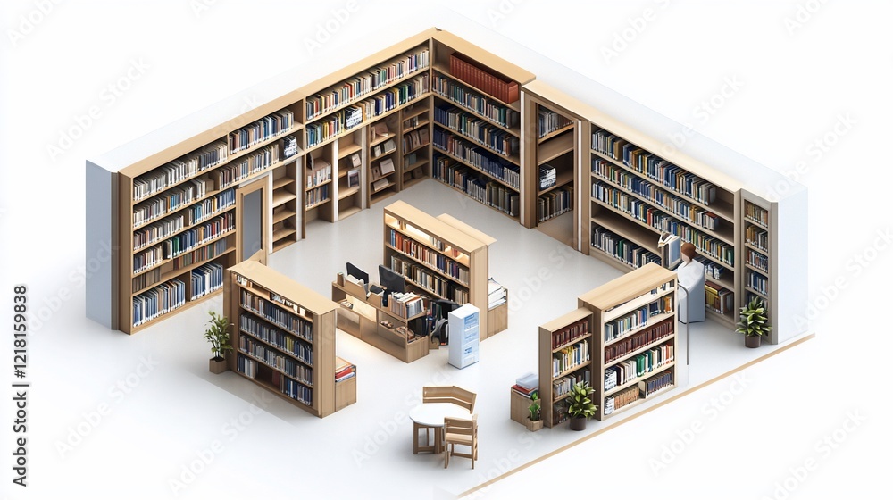 Isometric Library Interior Bookshelves, Desk, Reader Isometric Library Interior Bookshelves, Desk, Reader