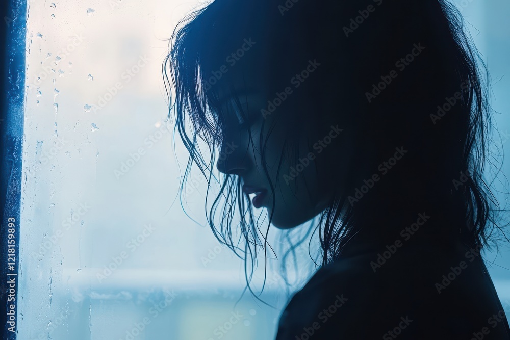 Naklejka premium Silhouette of a woman by a rain-streaked window, dark hair framing her face. Depicts sadness, loneliness, or contemplation, ideal for melancholic themes.