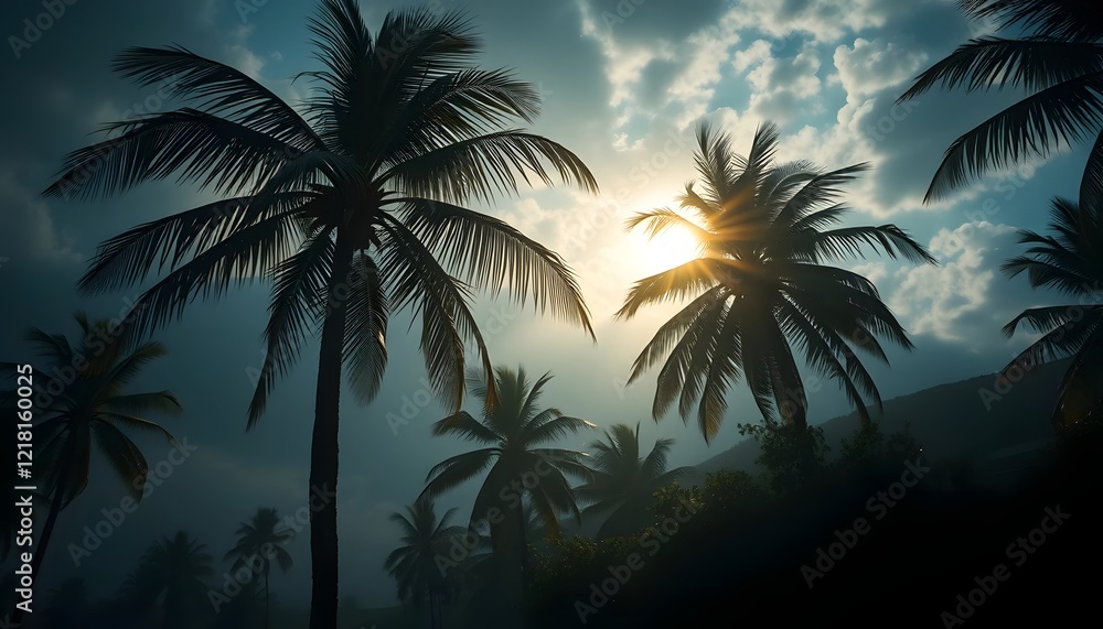 Sunset Silhouette Tropical Palm Trees Beach Landscape Sunset Silhouette Tropical Palm Trees Beach Landscape