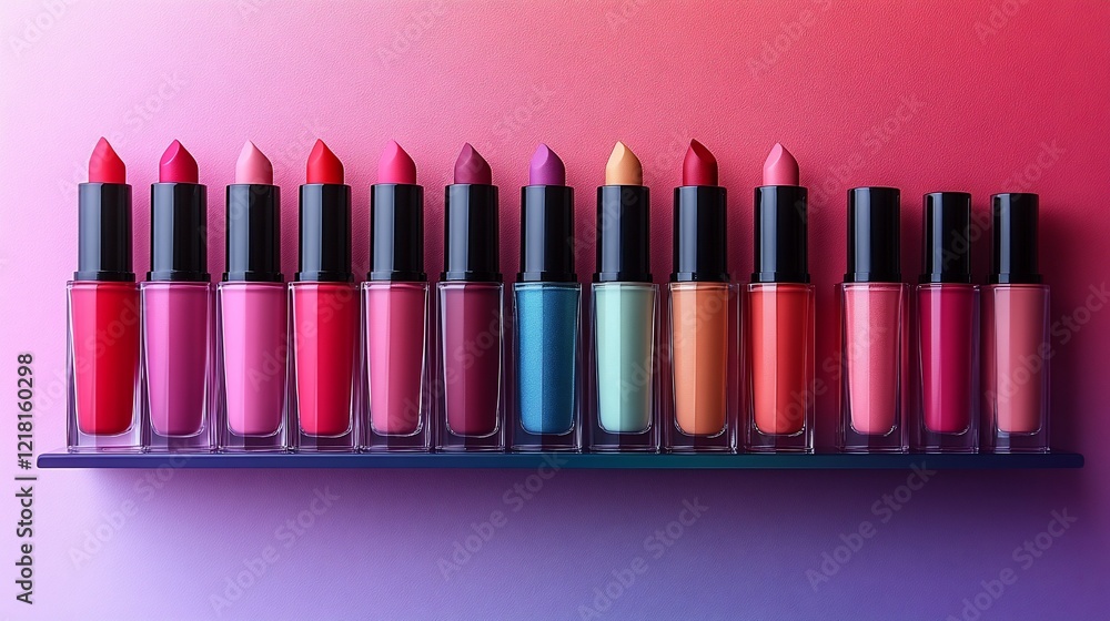 Colorful lipstick collection on shelf. Colorful lipstick collection on shelf.