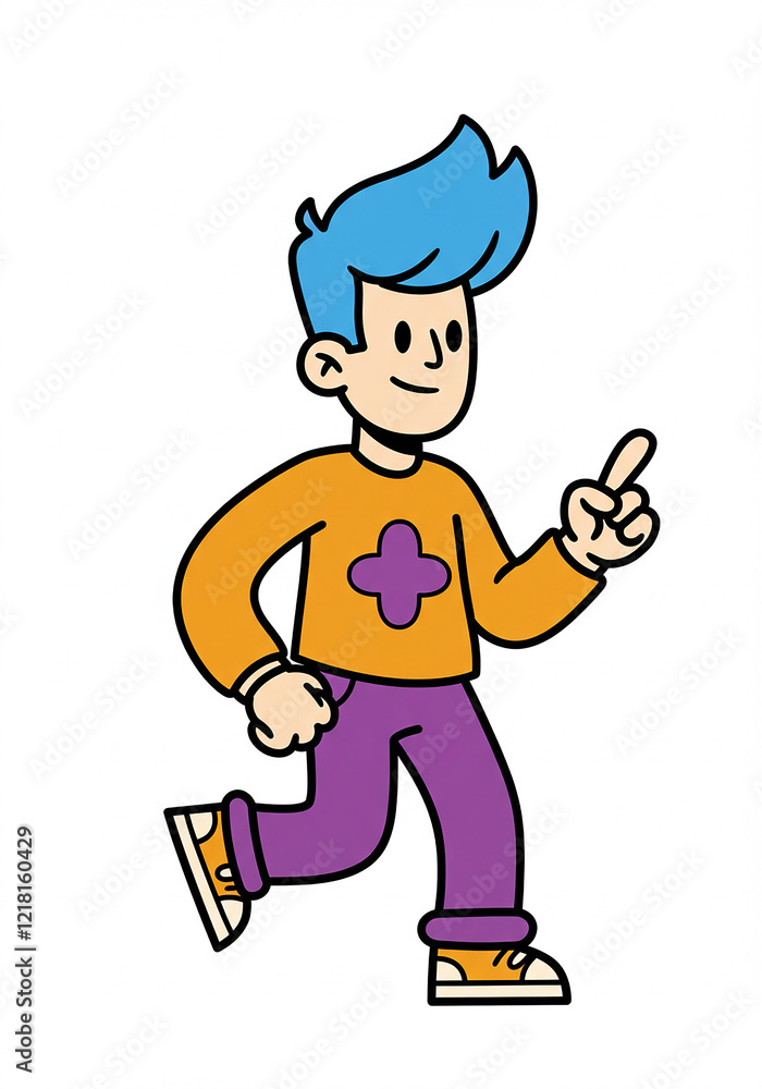 Cartoon Boy Walking Pointing Blue Hair Casual Clothes Illustration Cartoon Boy Walking Pointing Blue Hair Casual Clothes Illustration