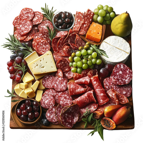 A richly arranged charcuterie board showcases various salami types, cheeses, grapes, olives, and a pear. photo