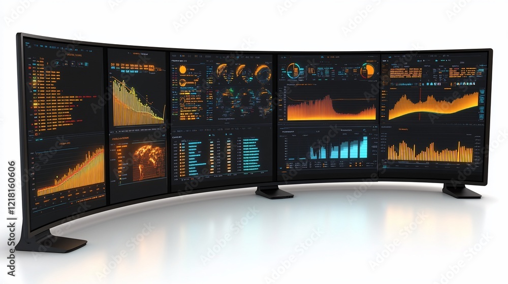 Curved monitor displays data analytics, stock market graphs, in a modern office Curved monitor displays data analytics, stock market graphs, in a modern office