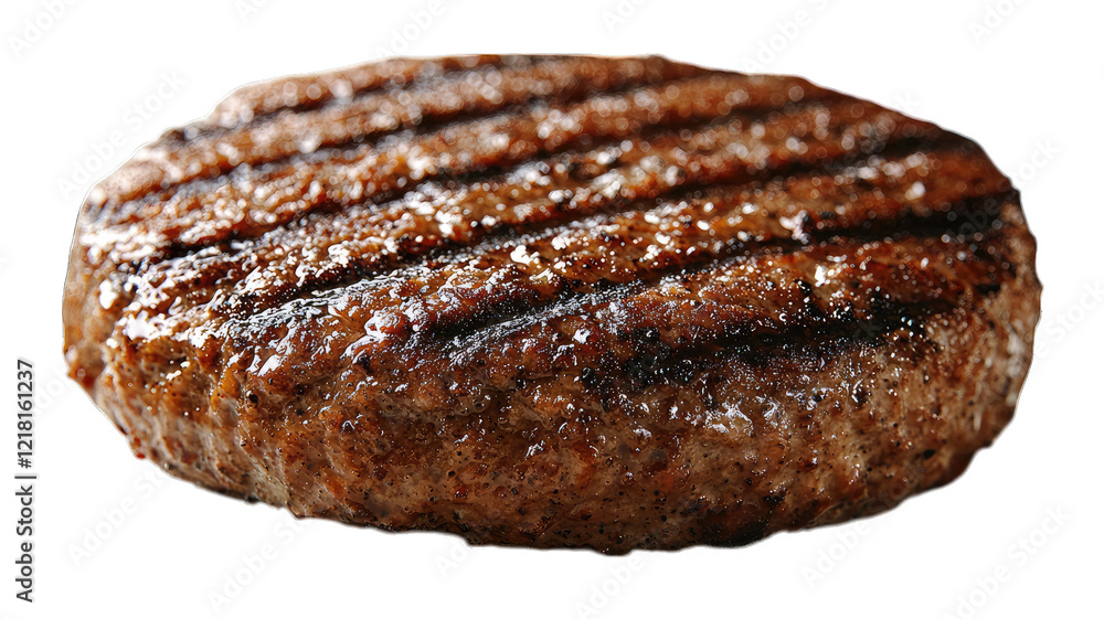 Grilled burger patty on dark background, ready for burger assembly Grilled burger patty on dark background, ready for burger assembly