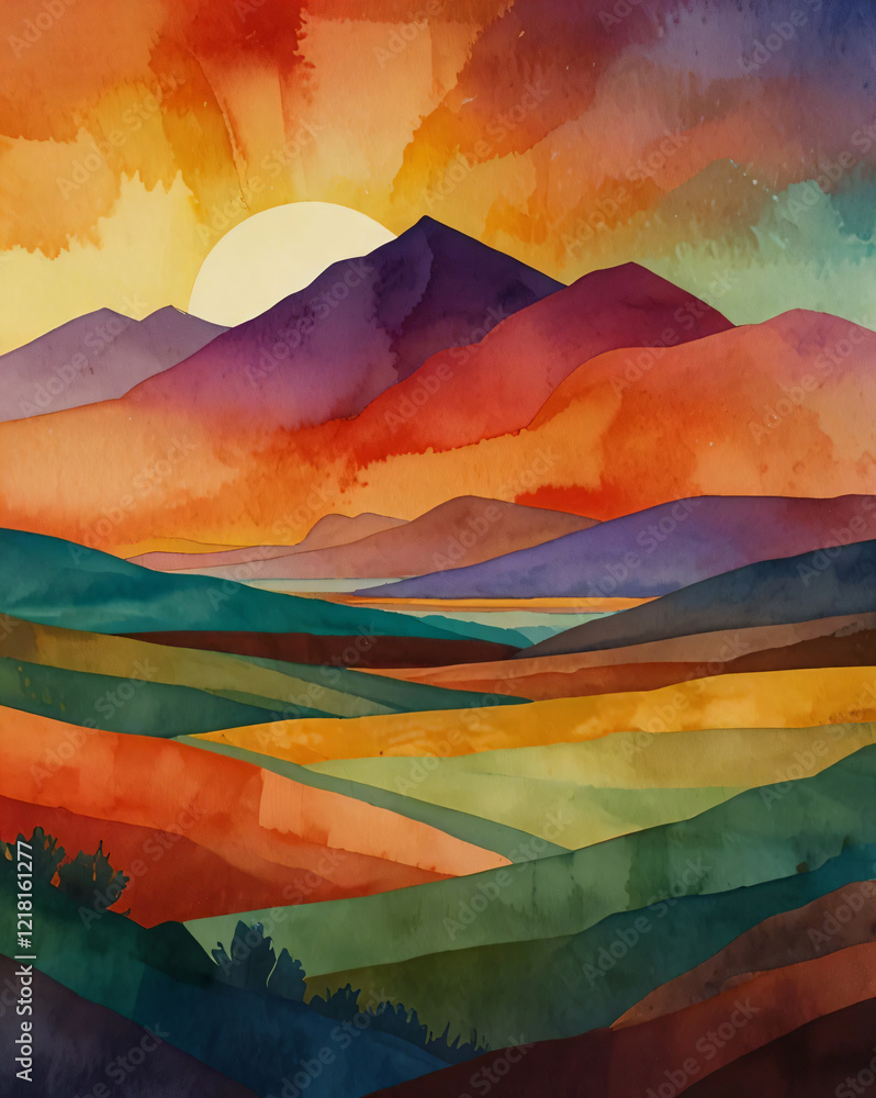 This minimalist illustration features mountains and a sun in soft hues. This minimalist illustration features mountains and a sun in soft hues.