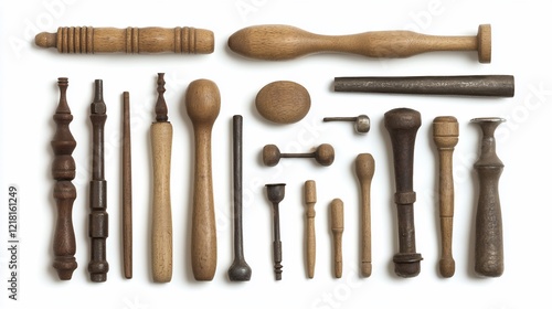 Antique Wooden & Metal Tools on White Background photo