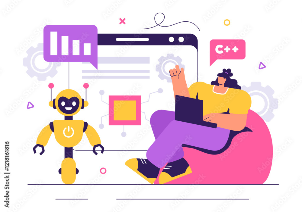 Robot Programming Vector Illustration Featuring an Artificial Intelligence Robot Interacting with a Digital Data Interface for Advanced Technology Robot Programming Vector Illustration Featuring an Artificial Intelligence Robot Interacting with a Digital Data Interface for Advanced Technology