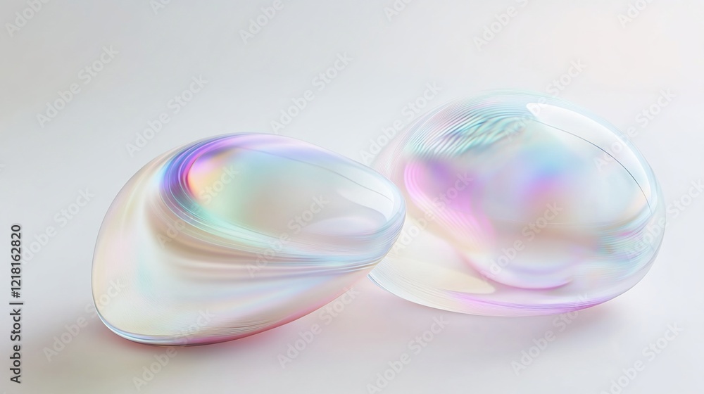 Iridescent orbs rest on white background, studio shot, product display