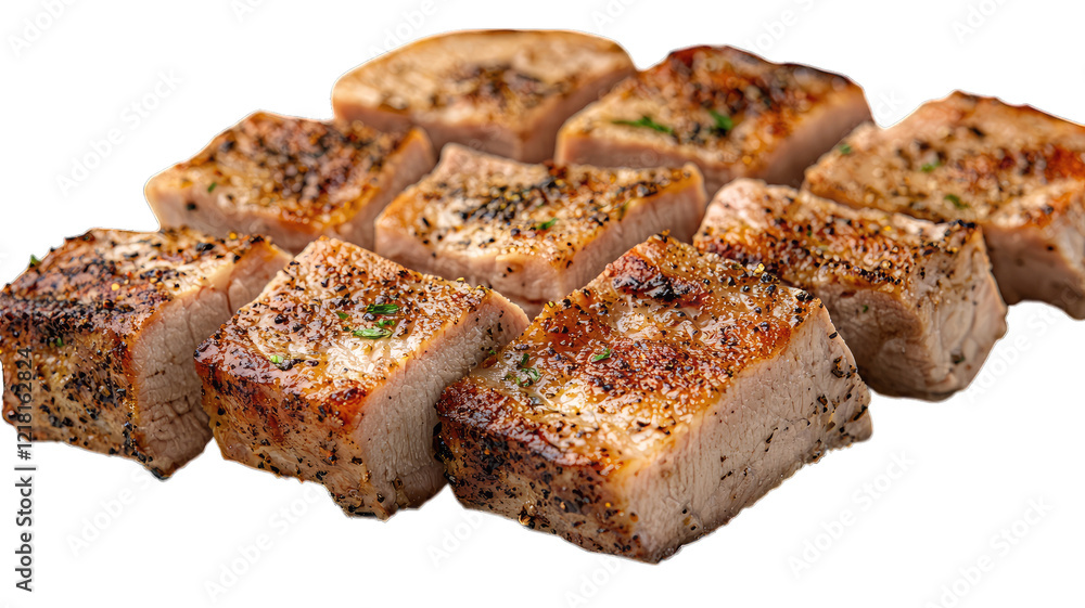 Grilled pork cubes on dark background, ready to serve Grilled pork cubes on dark background, ready to serve