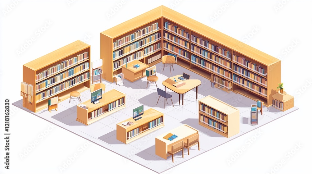 Isometric Library Interior Design Bookshelves, Tables, Study Isometric Library Interior Design Bookshelves, Tables, Study