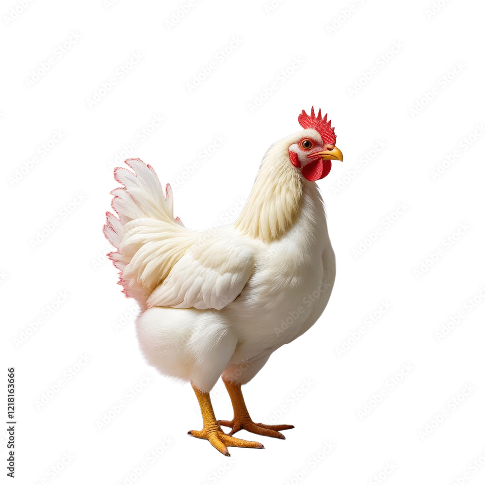 Fototapeta premium White hen with red comb on red, white, and gray background transparent background