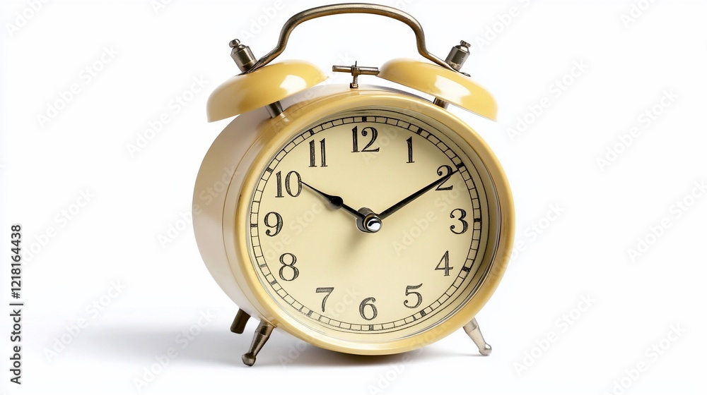 Yellow alarm clock, studio shot, white background, time management concept Yellow alarm clock, studio shot, white background, time management concept
