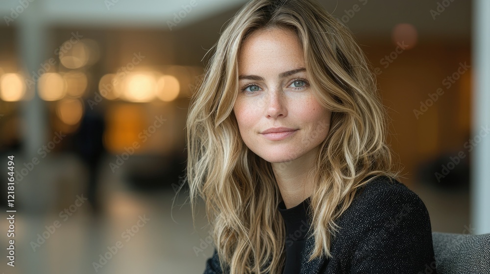Obraz premium Woman with long blonde hair wearing a black top