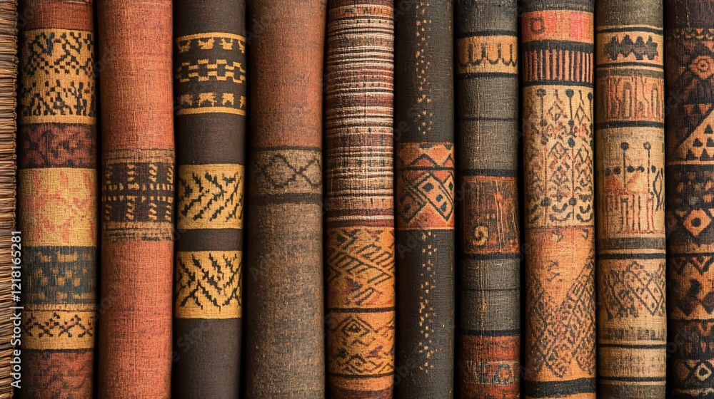 Ethnic patterned books lined up, close-up; textured background Ethnic patterned books lined up, close-up; textured background