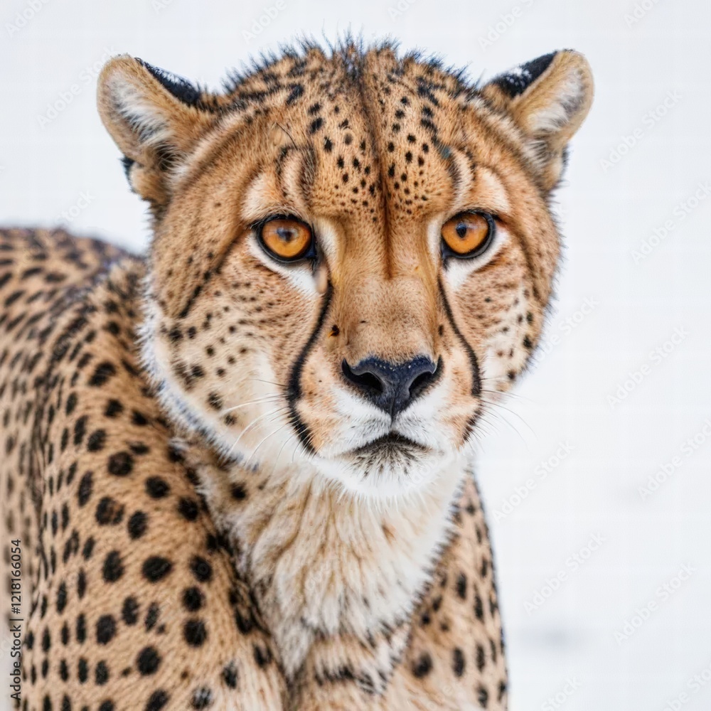 Enigmatic gaze of a majestic cheetah frozen in motion against an expanse of pristine white, exuding grace and intensity.