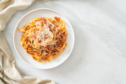Bild auf Leinwand Homemade pasta fettuccine bolognese with cheese